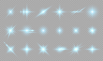 A set of glowing blue light effects on a transparent background. Sparkling and shining stars, bright flashes of lights with radiation. Vector illustration.