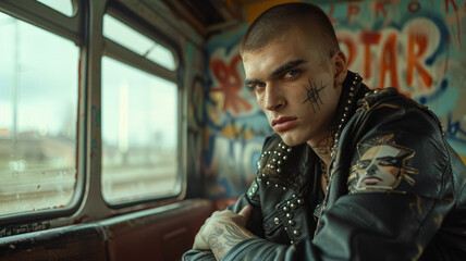 Photo of a tattooed man with punk style in a graffiti-filled train