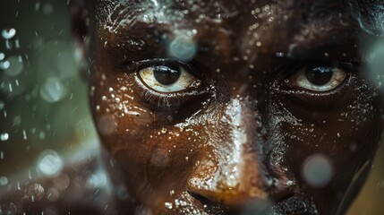 Determined eyes close-up, water droplets on face, dramatic lighting. Intense human expression, focus and concentration concept