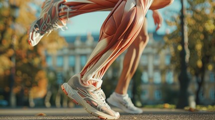 Runner's leg muscle anatomy with autumnal background - obrazy, fototapety, plakaty