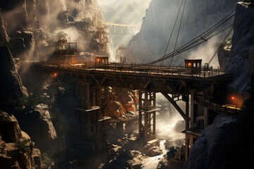 A bridge under construction in a canyon, Arch bridge over river creek in canyon, pacific coast highway scenic road, Ai generated