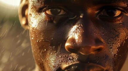 Close-up of a man's face with sweat drops. Intense male portrait with a focus on eyes.