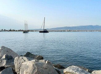 Panoramic view of the sea and yachts on the sunny day. Cagliari. Sardinia. Italy.