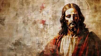 Portrait of Jesus Christ on abstract grunge background with copy space, digital painting