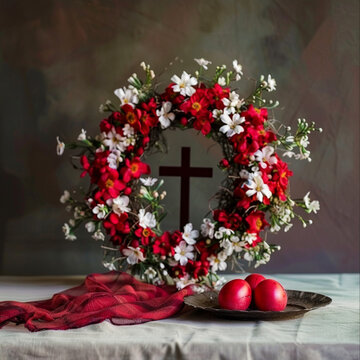 Easter decoration on a table with flowers ,kross and red egg