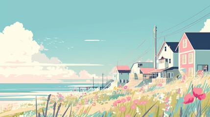 Coastal Charm Summer Wallpaper - Cozy Houses at sea in Comic Style