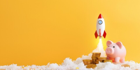 Rocket taking off and piggy bank on yellow background, startup investment concept