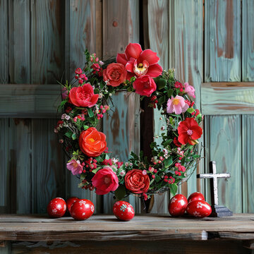Easter decoration on a table with flowers ,kross and red egg