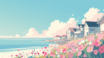 Coastal Charm Summer Wallpaper - Cozy Houses at sea in Comic Style