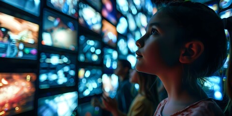 Children mesmerized by screens in a dark futuristic world a cautionary image of technologys impact on youth. Concept Technology's Impact on Youth, Dark Future, Screen Addiction, Cautionary Image