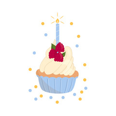 Birthday raspberry cupcake with candle and confetti. Greeting card. Vector illustration on white background.
