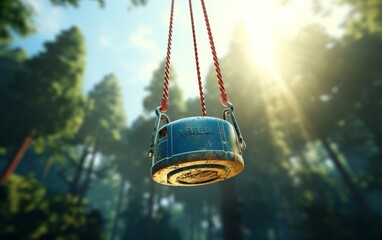 A whimsical blue swing hangs from a tree in a lush forest setting - obrazy, fototapety, plakaty