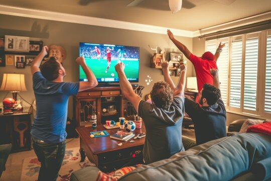 A lively group of friends is engulfed in excitement, celebrating a goal while watching a soccer game on TV at home. AIG41