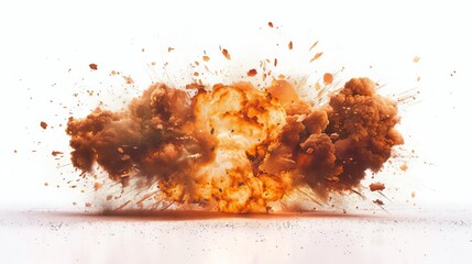 Fiery explosion with debris bursting outward, isolated on white background, dramatic action shot