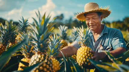 Man harvesting pineapples in a field - obrazy, fototapety, plakaty