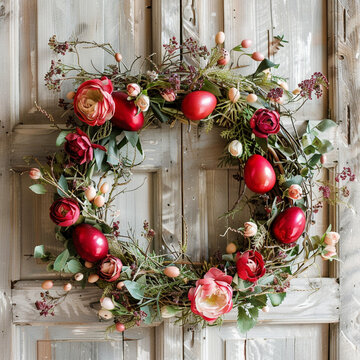 Easter decoration on a table with flowers and red egg