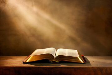 Une bible avec la tranche dorée ouverte par le milieu posée sur une table sous un faisceau de lumière. - obrazy, fototapety, plakaty