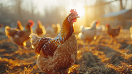 Rooster and hens at sunrise - obrazy, fototapety, plakaty