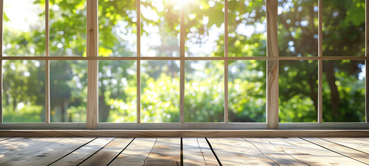 Sunny Wooden Terrace View with Lush Greenery through Large Windows