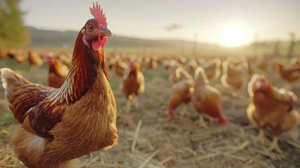 Foto op Aluminium A chicken in a farm at sunrise © SashaMagic