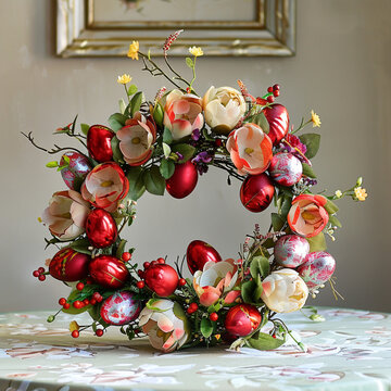 Easter decoration on a table with flowers and red egg