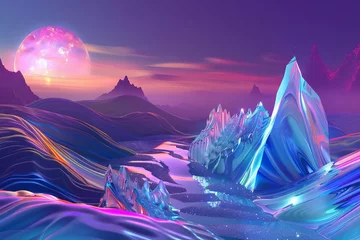  Surreal Digital Abstract Landscape with Colorful Flowing Waves, Iridescent Crystals and 3D Shapes - Abstract Background © Lucija