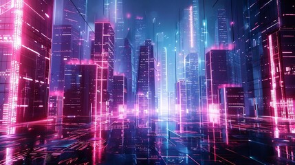 Fototapeta premium Futuristic cityscape with glowing neon lights and holographic displays, digital art