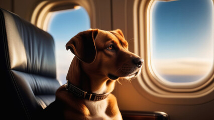 Cute dog near window in airplane.Travel with pets Concept. Transportation of animals for holiday or...