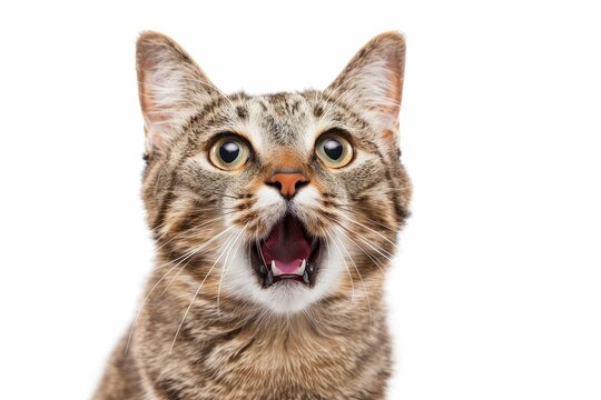 Surprised Cat with Wide Eyes and Open Mouth Isolated on White Background - Funny Animal Reaction Photography