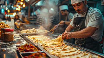 Chef preparing food at a street market stall. - obrazy, fototapety, plakaty