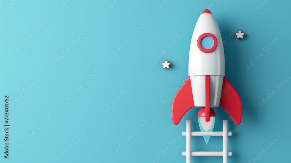 Wall mural Rocket taking off over white ladder on blue background, startup concept with copy space