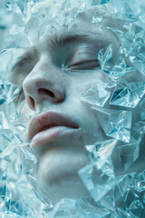 Abstract portrait of a male face breaking through ice like crystals
