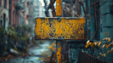 A weathered yellow signpost in an urban setting.