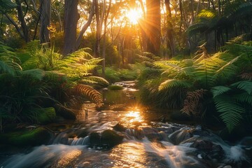 Sunlit forest creek with warm, golden light filtering through trees, landscape photography