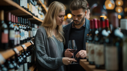 Young Couple Choosing Wine in a Cozy Store - Powered by Adobe