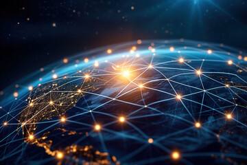 Planet Earth at luminous telecommunication network digital connections global communications AI Generative