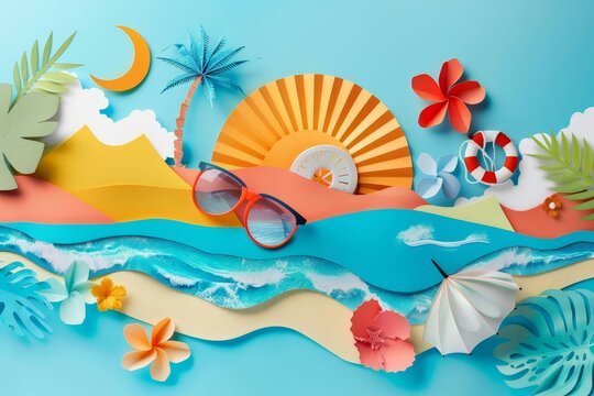 Summer vacation concept with unusual paper collage art design, trendy travel and leisure illustration, mixed media