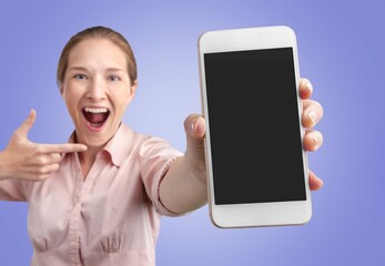 Young person hold mobile phone with a blank screen