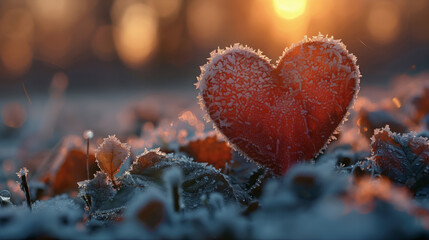 Red love heart in nature with frost crystals  in the morning sunlight.