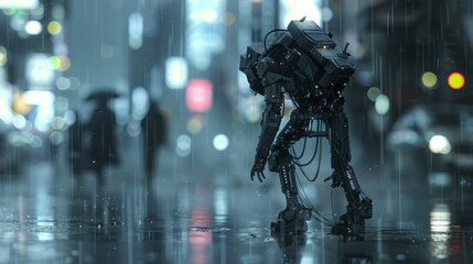 A robot walking alone with a red umbrella in rainy weather