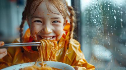 Girl eating spaghetti in a raincoat