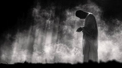 Silhouette of a person in contemplation against a misty and backlit background, conveying a mood of introspection or prayer. - obrazy, fototapety, plakaty