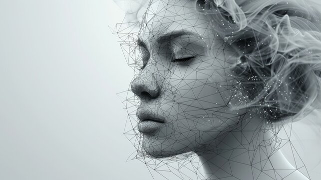 Modern illustration of a realistic 3D man head with polygonal skin. Abstract lines, triangles, and particles.