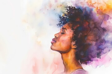 Stunning African American woman praying, side profile view, watercolor painting with copy space - obrazy, fototapety, plakaty