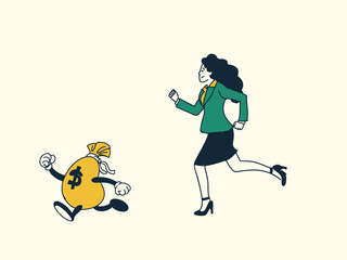 Business Woman running behind the money bag or Business woman chasing money bag, sale, marketing, dream, chasing opportunity conceept drawing