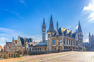 Ghent cityscape, Saint Michael's Bridge Sint-Michielsbrug and Old Post Office building with clock...