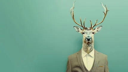Foto op Canvas Hipster reindeer businessman in suit, trendy pastel teal background, creative animal concept illustration © Jelena