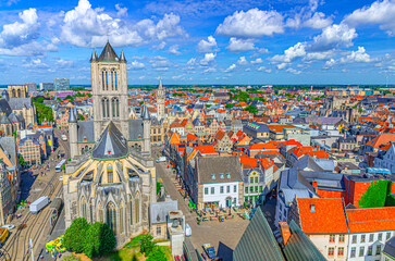 Ghent cityscape, aerial panoramic view of Ghent city historical centre with Saint Nicholas Church and old colorful buildings, skyline horizon, panorama of Gent old town, Flemish region, Belgium