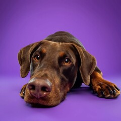 
Beautiful doberman dog isolated on Purple background. looking at camera .front view.dog studio portrait.happy dog .dog isolated .puppy isolated .puppy closeup face,indoors.cute puppy isolated .