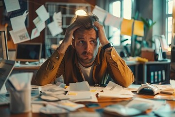 Stressed businessman amidst messy papers at chaotic office desk facing burnout and financial challenges - obrazy, fototapety, plakaty